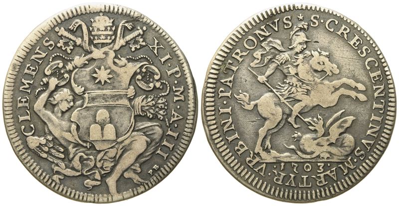 Stato Pontificio. Roma. Clemente XI (1700 - 1721). Mezza Piastra 1703 "san Crescentino". Ag (15,6...