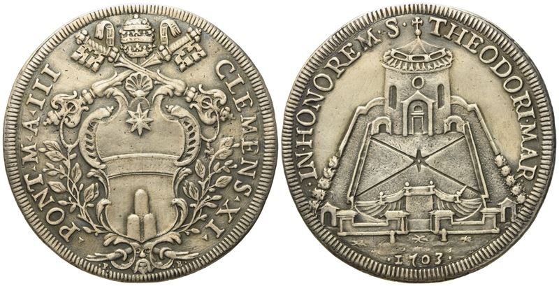 Stato Pontificio. Roma. Clemente XI (1700 - 1721). Piastra 1703 "tempio San Teodoro". Ag (31,6 G;...