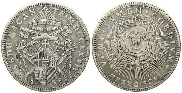 STATO PONTIFICIO. Roma. Sede Vacante (1774 - 1775). Cardinale Camerlengo Carlo Rezzonico. Mezzo scudo 1774. Ag (12,69 g; 34,5 mm)  - Asta Monete e medaglie medievali e moderne italiane ed estere - Bertolami Fine Art - Casa d'Aste