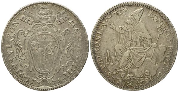 STATO PONTIFICIO. Bologna. Pio VI (1775 - 1799). Mezzo scudo romano 1778, anno IIII. Ag (13,36 g; 35,4 mm)  - Asta Monete e medaglie medievali e moderne italiane ed estere - Bertolami Fine Art - Casa d'Aste