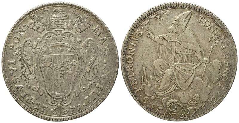 Stato Pontificio. Bologna. Pio Vi (1775 - 1799). Mezzo Scudo Romano 1778, Anno Iiii. Ag (13,36 G;...