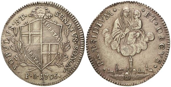 BOLOGNA. Governo popolare (1796 - 1797). Mezzo scudo 1796. Ag (14,3 g; 35,2 mm)  - Asta Monete e medaglie medievali e moderne italiane ed estere - Bertolami Fine Art - Casa d'Aste