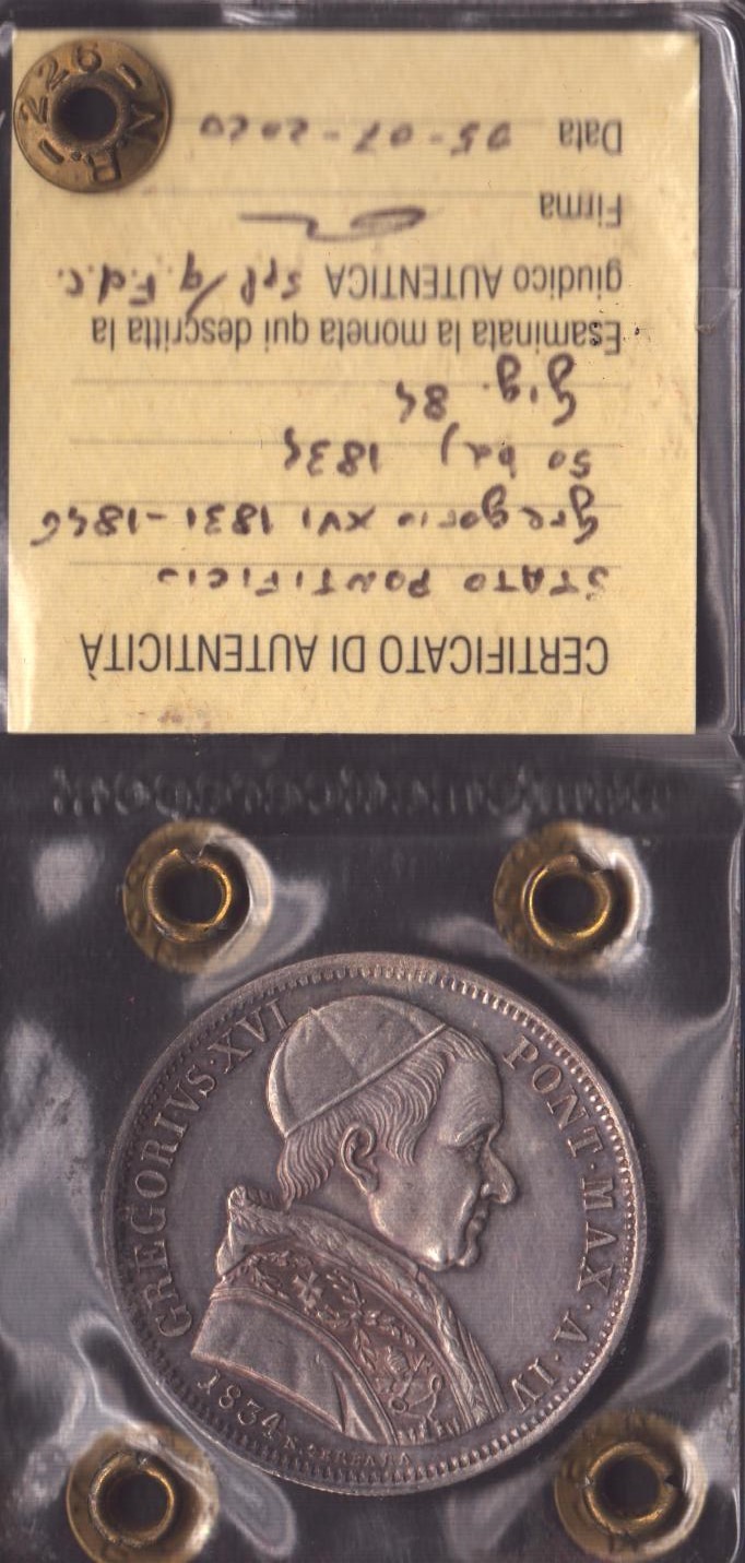 Stato Pontificio. Roma. Gregorio XVI (1831-1846). Mezzo Scudo da 50 Baiocchi 1834. Ag (13,2 G; 32...