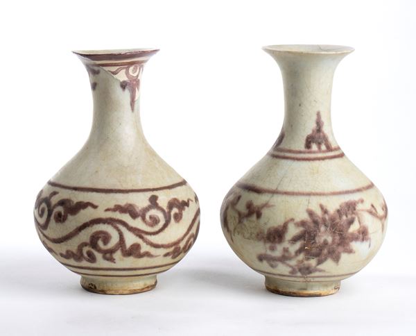 TWO 'COPPER RED' DECORATED PORCELAIN BOTTLE VASES