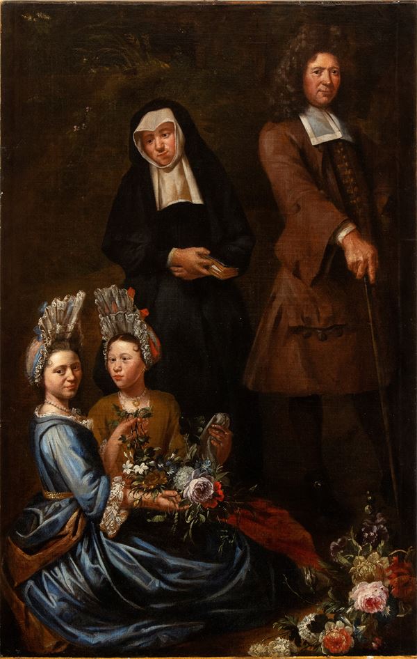 Artista lombardo, XVIII secolo - Portrait of a widower with two daughters and a governess 