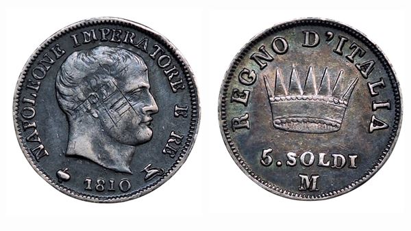 MILANO. Regno d'Italia. Napoleone I (1805-1814). 5 soldi 1810. Gig. 189; Ag; 1,25gr; 15mm