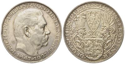 Germania. Medaglia Reichspräsident Von Hindenburg (1847-1927). Ag; 24,73gr; 36,1mm