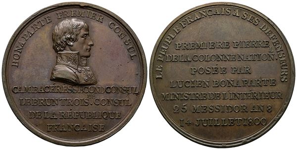 FRANCIA. Medaglia Napoleon I Premier Consul: Commemorazione posa prima pietra della Colonne Vendôme da parte di Luciano Bonaparte, Ministro dell'Interno - 1800 AE. (35,9 g; 42,14 mm). Bramsen61