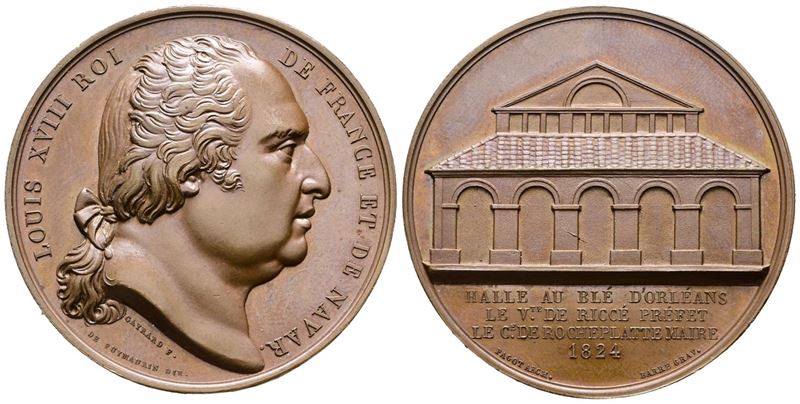 Francia. Medaglia Luigi XVIII, Mercato del Grando D'orleans - 1824 (36,75 G; 41,96 MM)