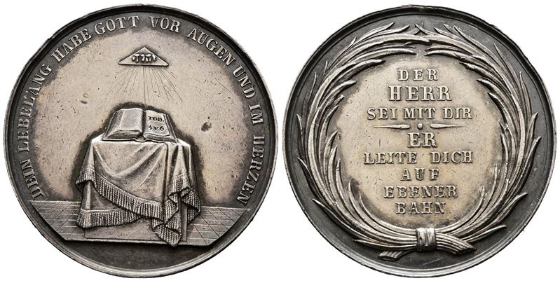 Germania. Medaglia Religiosa Cresimale con Altare e Bibbia Ag. (19,20 G; 38,82 MM). Piccolo Colpe...