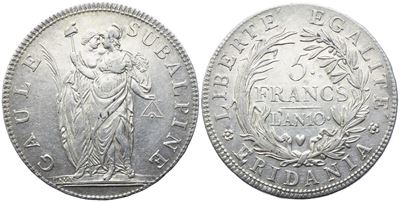 Repubblica Subalpina, 5 Franchi Anno X (1802), Allegoria della Francia e della Gallia Subalpina, ...