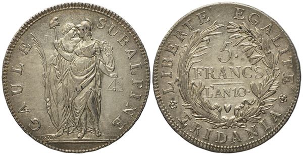 TORINO. Repubblica Subalpina (1800 - 1802). 5 franchi anno 10 (1802). Ag (24,93 g; 37,44 mm)  - Asta Monete e medaglie medievali e moderne italiane ed estere - Bertolami Fine Art - Casa d'Aste