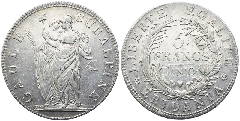 Torino. Repubblica Subalpina (1800 - 1802). 5 Franchi Anno 10 (1802). Ag (24,93 G; 37,44 MM)