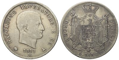 Milano. Regno D'italia. Napoleone i (1805-1814).5 Lire 1811 "puntali Aguzzi". Ag; 24,47gr; 37,11m...