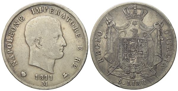 MILANO. REGNO D'ITALIA. Napoleone I (1805-1814).5 lire 1811 "puntali aguzzi". Ag; 24,47gr; 37,11mm)