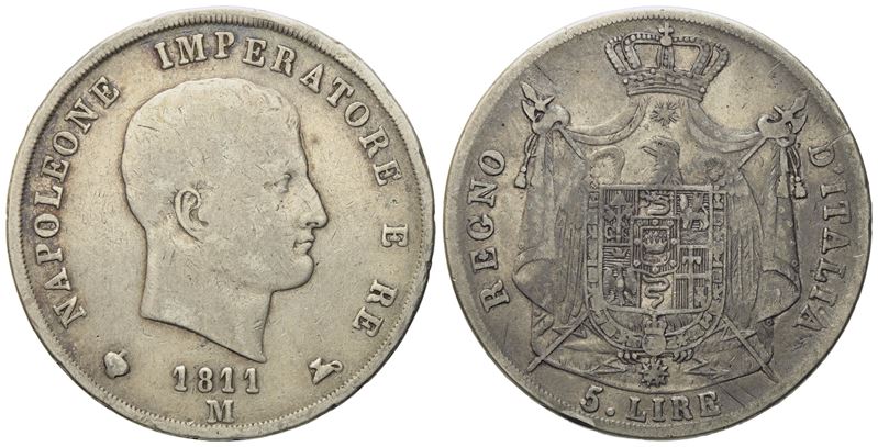 Milano. Regno D'italia. Napoleone i (1805-1814).5 Lire 1811 "puntali Aguzzi". Ag; 24,47gr; 37,11m...