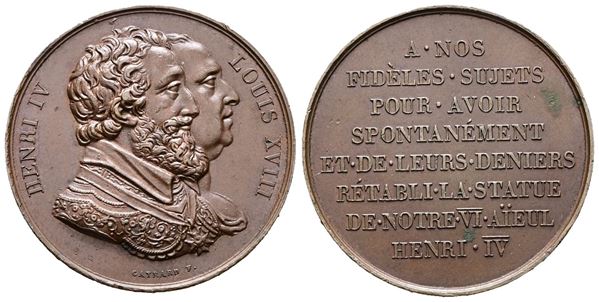 FRANCIA. Luigi XVIII Medaglia per il ripristino della statua equestre di Enrico IV 1817. Opus: Gayrard. AE. (21,15 g; 32,64 mm)
