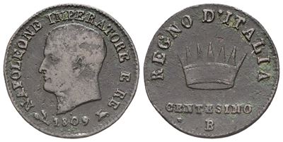 Bologna. Regno D'italia. Napoleone (1805-1814). 1 Centesimo 1809. Cu: 2,07gr; 18,7mm; Mb/bb