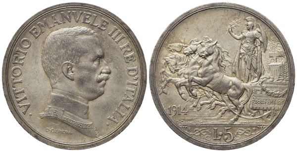 REGNO D'ITALIA. Vittorio Emanuele III (1900 - 1943). 5 lire 1914 "Quadriga briosa" Ag (24,97 g; 36,9 mm)