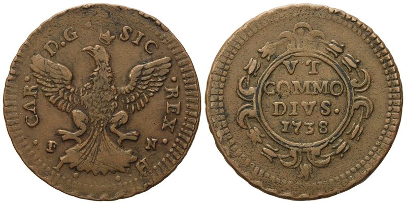 Palermo. Regno di Sicilia. Carlo di Borbone (1734 - 1759). 2 Grani 1738. Cu (8,18 G; 30 MM)