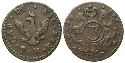 Palermo. Regno di Sicilia. Carlo di Borbone (1734 - 1759). 3 Piccioli 1747. Cu (2,10 G; 19 MM)