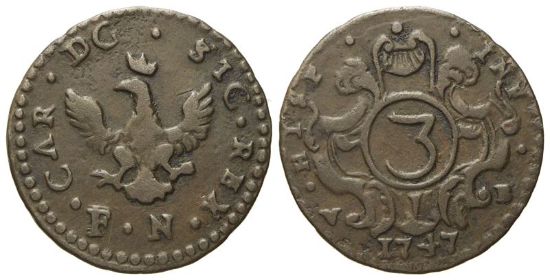 Palermo. Regno di Sicilia. Carlo di Borbone (1734 - 1759). 3 Piccioli 1747. Cu (2,10 G; 19 MM)