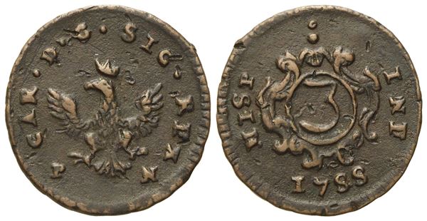 PALERMO. Regno di Sicilia. Carlo di Borbone (1734 - 1759). 3 Piccioli 1755. Cu (2,10 g; 19 mm)  - Asta Monete e medaglie medievali e moderne italiane ed estere - Bertolami Fine Art - Casa d'Aste