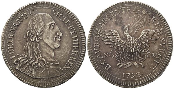 PALERMO. Regno di Sicilia. Ferdinando III di Borbone (1759 - 1816). Oncia da 30 tarì 1793. Tipologia rarissima con il sole volto a destra. Ag (68,35 g; 48,4 mm)