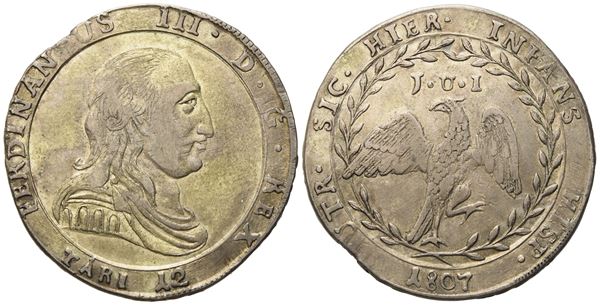 PALERMO. Regno di Sicilia. Ferdinando III di Borbone (1759 - 1816). 12 tarì 1807. Ag (27,12 g; 38,5 mm)  - Asta Monete e medaglie medievali e moderne italiane ed estere - Bertolami Fine Art - Casa d'Aste