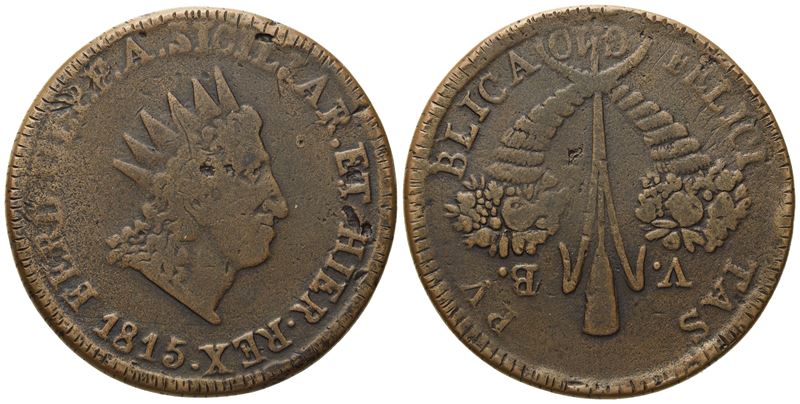 Palermo. Regno di Sicilia. Ferdinando III di Borbone (1759 - 1816). 10 Grani 1815. Cu (27,20 G; 3...