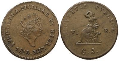 Palermo. Regno di Sicilia. Ferdinando III di Borbone (1759 - 1816). 5 Grani 1815. Cu (15,41 G; 30...