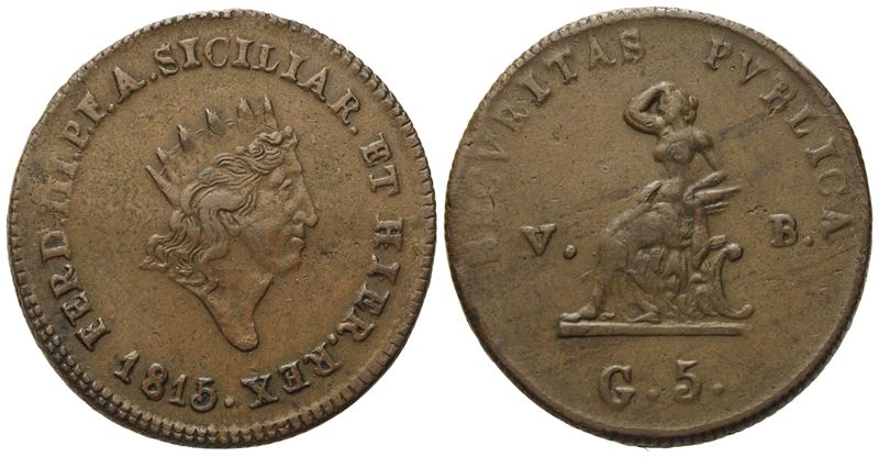 Palermo. Regno di Sicilia. Ferdinando III di Borbone (1759 - 1816). 5 Grani 1815. Cu (15,41 G; 30...