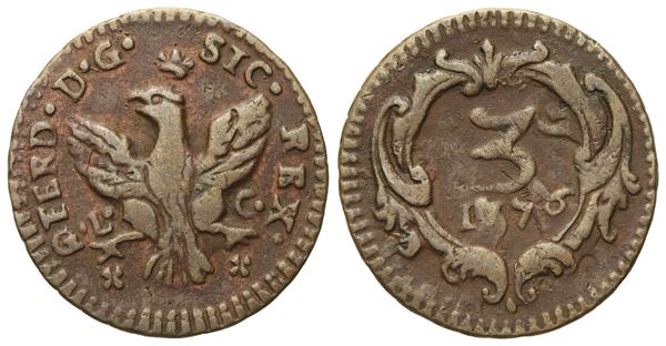 PALERMO. Regno di Sicilia. Ferdinando III di Borbone (1759 - 1816). Mezzo grano da 3 Piccioli 1776. Cu (2,11 g; 18,5 mm)