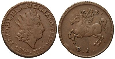 Palermo. Regno di Sicilia. Ferdinando III di Borbone (1759 - 1816). 2 Grani 1814. Cu (6,05 G; 22,...