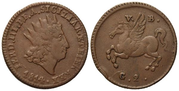 PALERMO. Regno di Sicilia. Ferdinando III di Borbone (1759 - 1816). 2 Grani 1814. Cu (6,05 g; 22,8 mm)