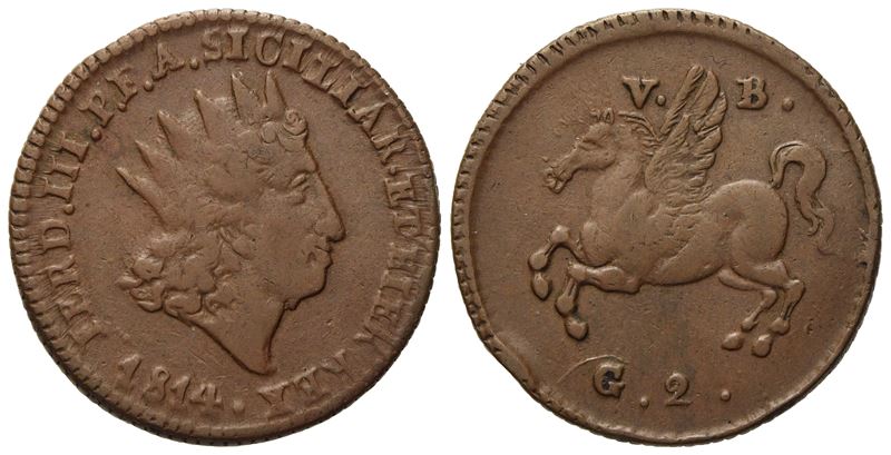 Palermo. Regno di Sicilia. Ferdinando III di Borbone (1759 - 1816). 2 Grani 1814. Cu (6,05 G; 22,...