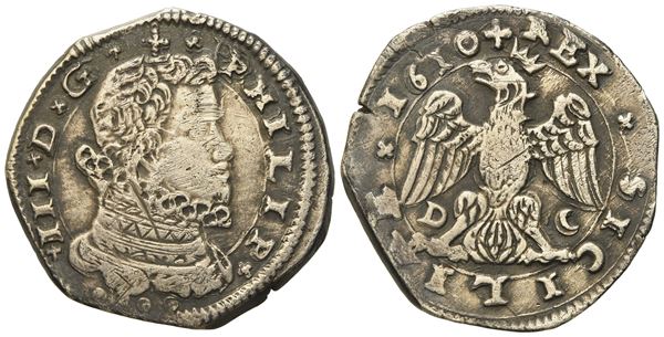 Messina. Regno di Sicilia. Filippo III di Spagna (1598-1621). 4 tarì 1610, sigle D C. Ag (10,28 g; 30 mm)