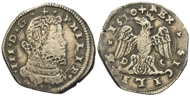 Messina. Regno di Sicilia. Filippo III di Spagna (1598-1621). 4 Tarì 1610, Sigle D C. Ag (10,28 G...