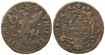 Palermo. Regno di Sicilia. Filippo V di Borbone (1701-1713). Grano 1701. Cu (5 G; 23,5 MM)