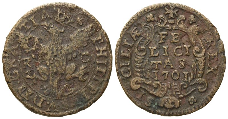 Palermo. Regno di Sicilia. Filippo V di Borbone (1701-1713). Grano 1701. Cu (5 G; 23,5 MM)