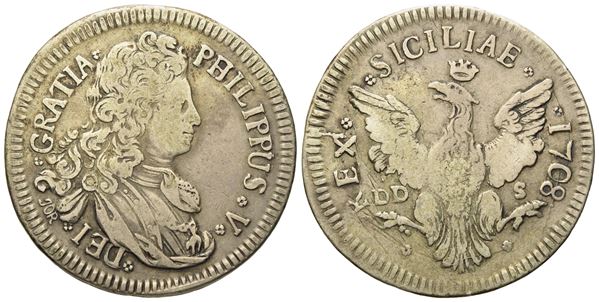 PALERMO. Regno di Sicilia. Filippo V di Borbone (1701-1713). 4 tarì 1708. Ag (10,30 g; 30,4 mm)  - Asta Monete e medaglie medievali e moderne italiane ed estere - Bertolami Fine Art - Casa d'Aste