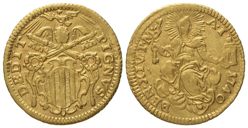 Stato Pontificio. Roma. Benedetto XIV (1740 - 1758). Mezzo Zecchino 1740. Au (1,70 G; 17,5 MM)