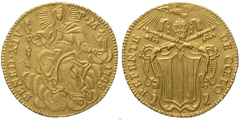 Stato Pontificio. Roma. Benedetto XIV (1740 - 1758). Zecchino 1748. Au (3,40 G; 20,8 MM)