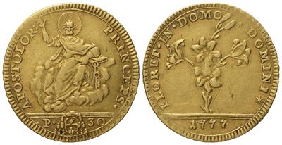 Stato Pontificio. Roma. Pio Vi (1775 - 1799). Doppia Romana 1777. Au (5,53 G; 23 MM)