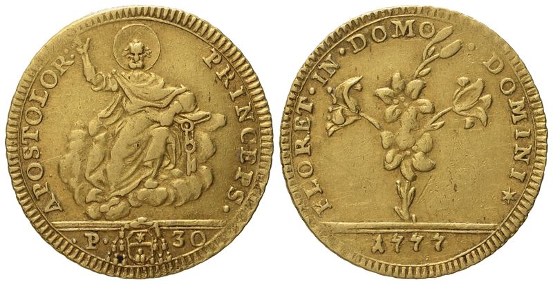 Stato Pontificio. Roma. Pio Vi (1775 - 1799). Doppia Romana 1777. Au (5,53 G; 23 MM)