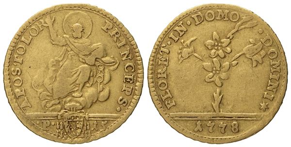 STATO PONTIFICIO. Roma. Pio VI (1775 - 1799). Mezza doppia romana 1778. Au (2,67 g; 20 mm)  - Asta Monete e medaglie medievali e moderne italiane ed estere - Bertolami Fine Art - Casa d'Aste