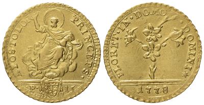 Stato Pontificio. Roma. Pio Vi (1775 - 1799). Mezza Doppia Romana 1778. Au (2,74 G; 20,3 MM)