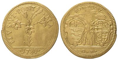 Stato Pontificio. Bologna. Pio Vi (1775 - 1799). Mezza Doppia Romana 1786. Au (2,54 G; 19,3 MM)