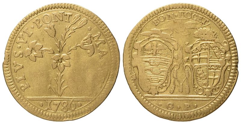 Stato Pontificio. Bologna. Pio Vi (1775 - 1799). Mezza Doppia Romana 1786. Au (2,54 G; 19,3 MM)