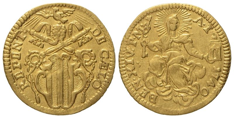 Stato Pontificio. Roma. Benedetto XIV (1740 - 1758). Mezzo Zecchino 1740. Au (1,70 G; 17,5 MM)
